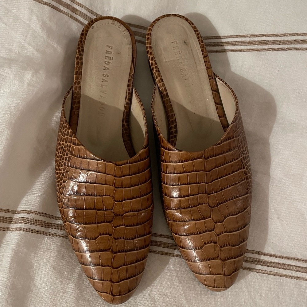 Freda Salvador Embossed Tan Leather Mule Flats